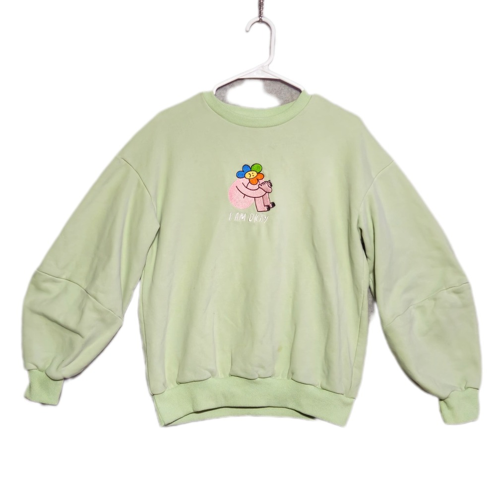 Kina & Tam Sweatshirt Womens Small Mint Green I Am Okay Flower Graphic Oversized